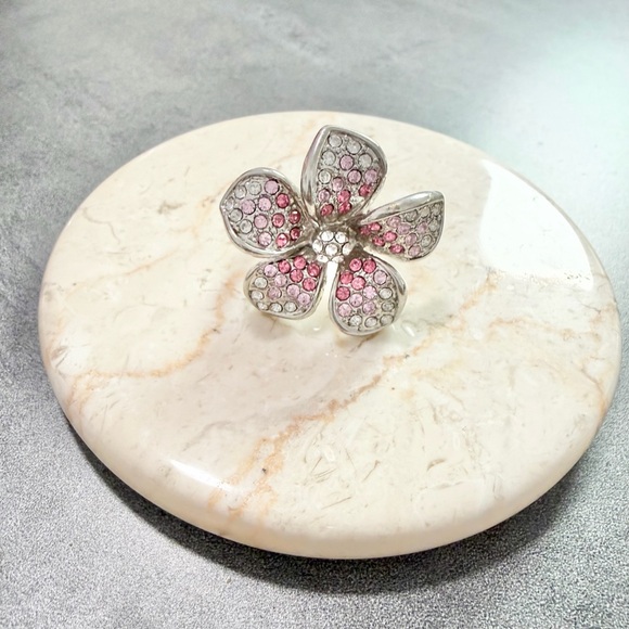 Jewelry - Vintage 1990’s Statement Silver Tone Flower Ring Pink/Clear Crystals Sz 6.5”